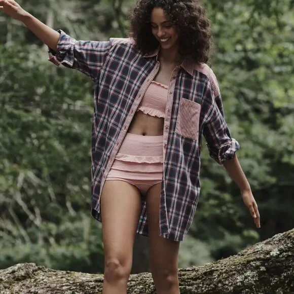 ANTHROPOLOGIE Oversized Plaid Button-Up Shirt Jacket in Blue and Pink NWOT - Picture 1 of 5